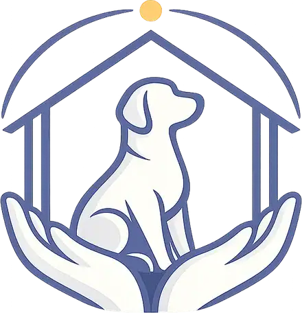 Illustration: Hund sitzt geschützt in einem Haus, das von zwei Händen getragen wird